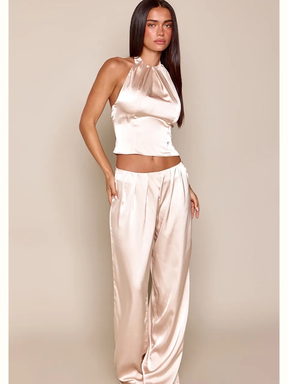 PrettyLittleThing Satin Wide Leg Trousers in Champagne Blush